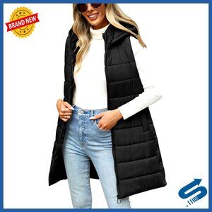 Long Hooded Puffer Vest Sleeveless Lightweight Quilted Zip Up Outerwear